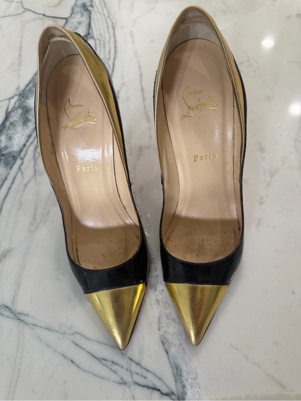 Christian Louboutin Black and Gold Pointed Toe Pumps with Metallic Caps